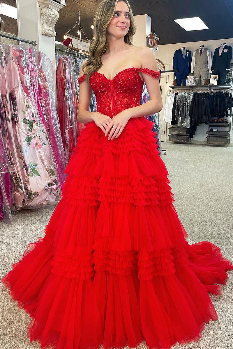 Cute Ball Gown Off the Shoulder Red Tulle Prom Dresses with Appliques