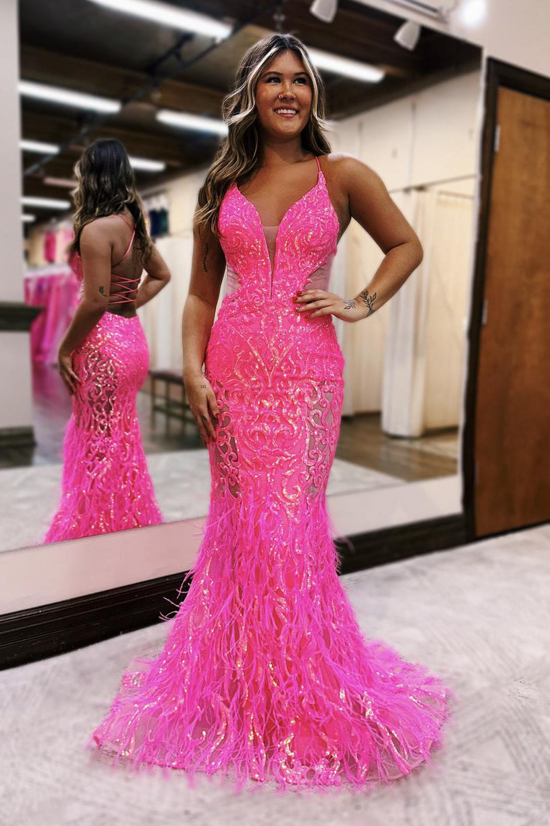 Gorgeous Mermaid V Neck Hot Pink Sequins Lace Long Prom Dress With Feather Ab4021004 Anniebride 3303