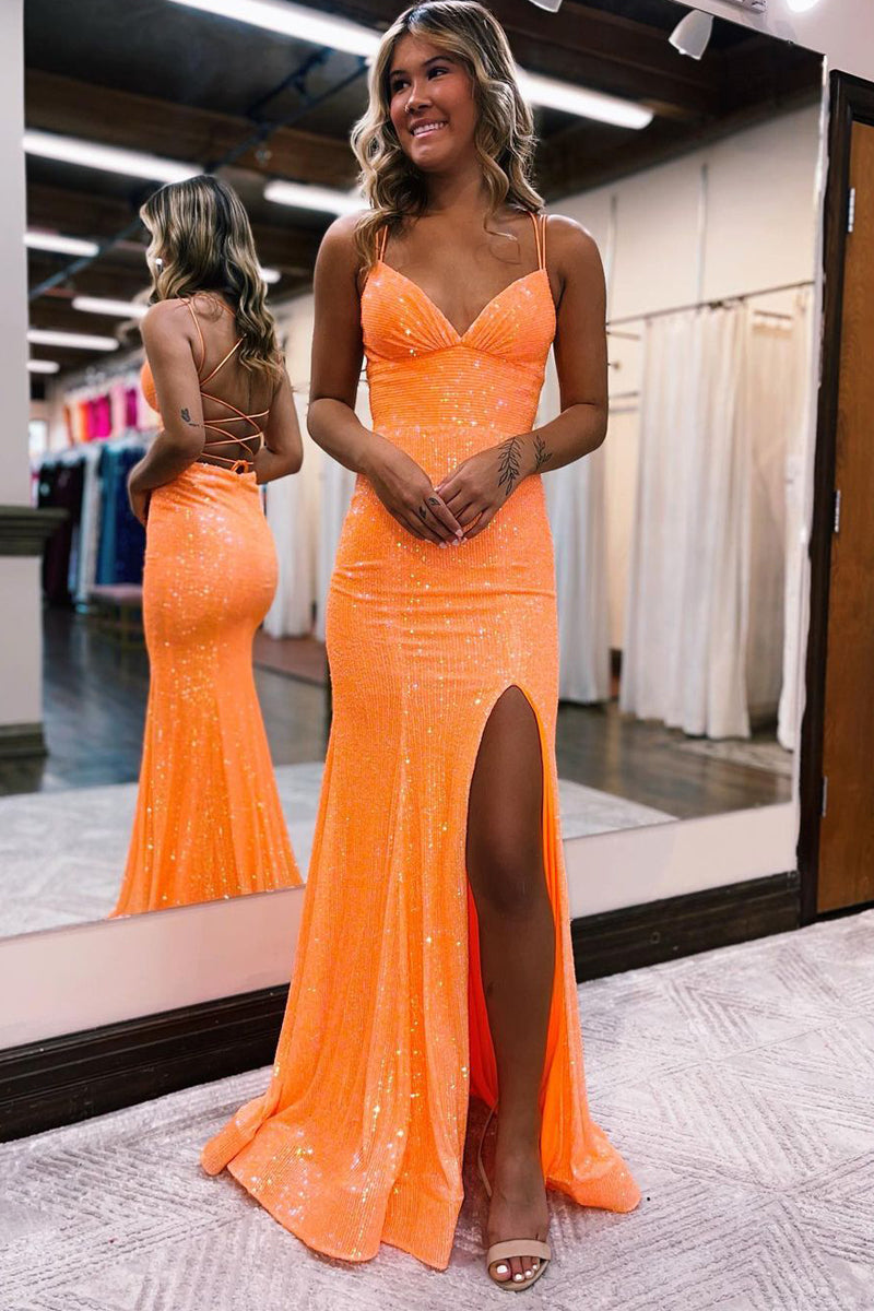 Cute Mermaid V Neck Orange Sequins Long Prom Dresses with Slit AB11210