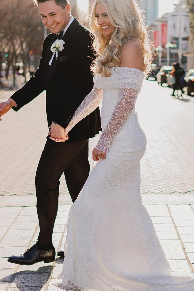 Long Sleeve Sequined Wedding Dress