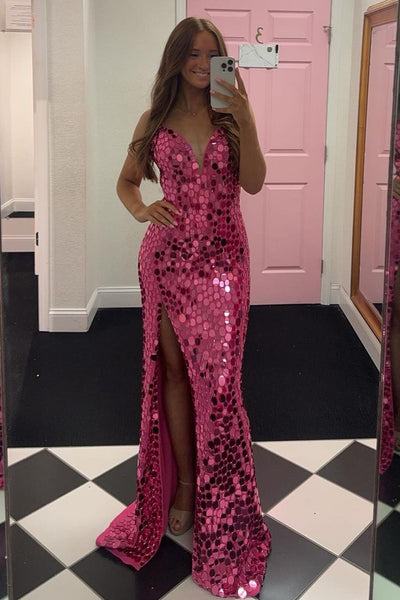 Gorgeous Mermaid V Neck Hot Pink Beading Sequins Long Prom Dresses with Slit AB24092106