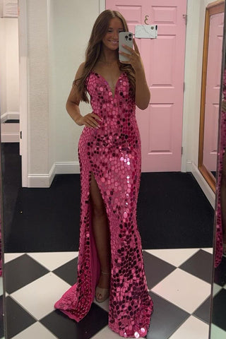 Gorgeous Mermaid V Neck Hot Pink Beading Sequins Long Prom Dresses with Slit AB24092106