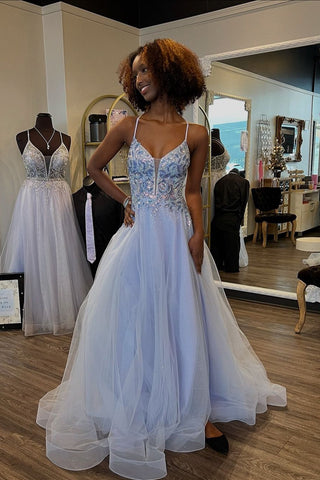 Cute A Line V Neck Light Blue Tulle Long Prom Dresses with Beading AB24111904