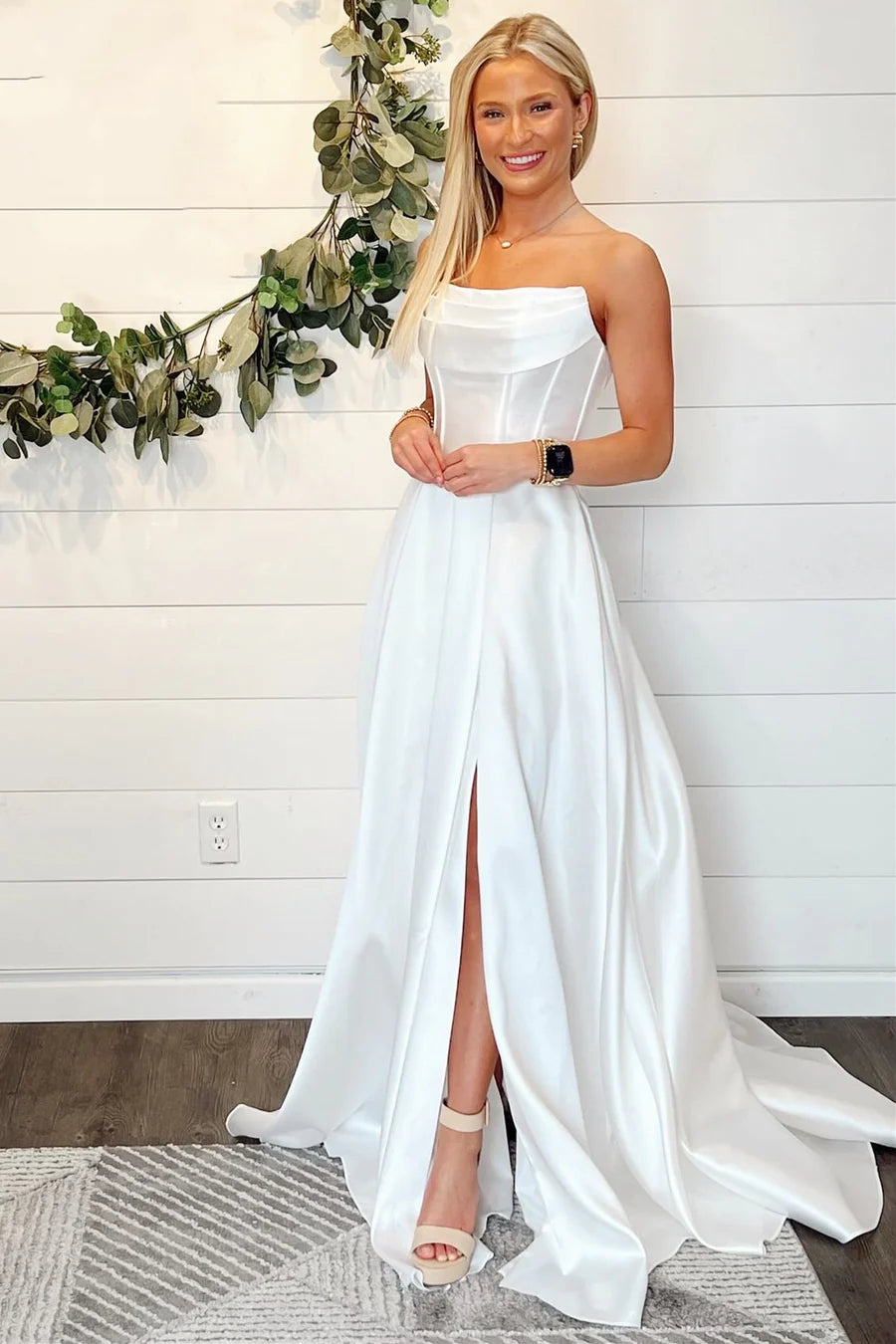 Simple A Line Cowl Neck Satin Long Slit Wedding Dresses AB24101904