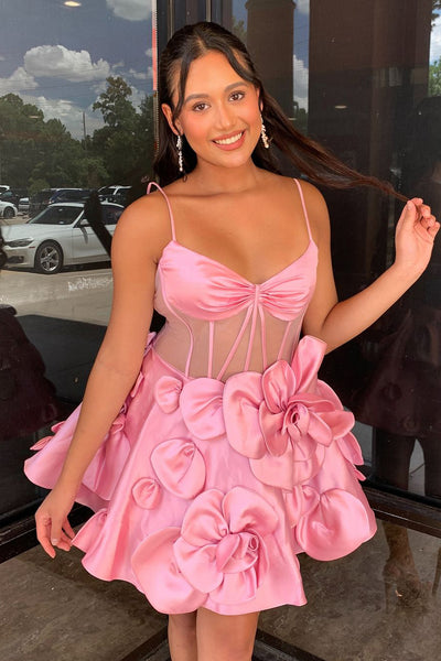 Cute A Line V Neck Pink Satin Short Homecoming Dresses with Handmade Flowers AB24081803