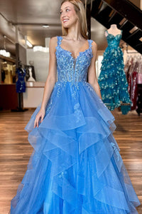 Cute A Line V Neck Blue Sparkly Tulle Prom Dress with Appliques AB24111107