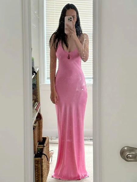 Sheath V Neck Pink Satin Long Prom Dress AB24122410