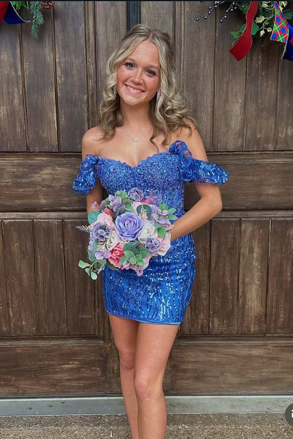 Cute Bodycon Off the Shoulder Blue Sequins Lace Short Homecoming Dresses AB24121710