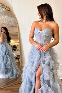 Fairy A Line Sweetheart Grey Ruffled Tulle Prom Dresses with Slit AB24122601