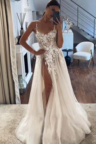 Romantic A Line V Neck Tulle Wedding Dresses with Appliques with Slit AB4091601