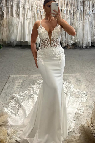 Elegant Mermaid V Neck Satin Long Wedding Dresses with Appliques AB24062806