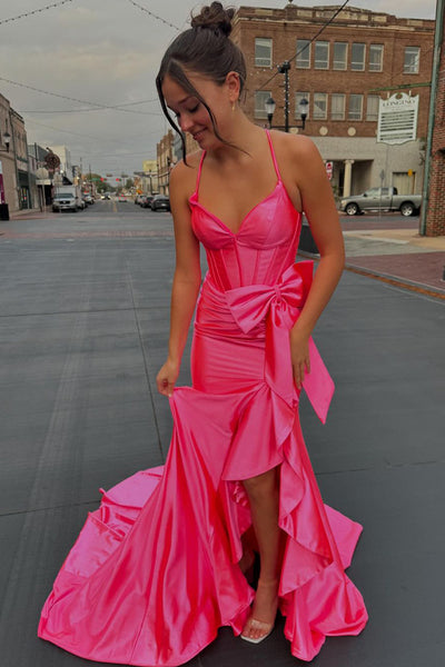 Cute Mermaid V Neck Hot Pink Satin Long Prom Dresses with Bow