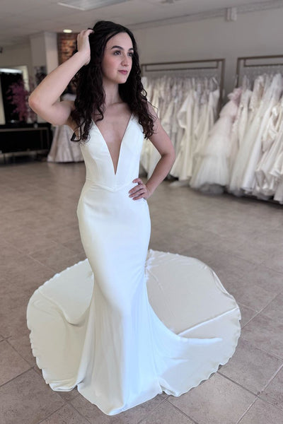 Elegant Mermaid V Neck Elastic Satin Long Bridal Dresses AB2411110