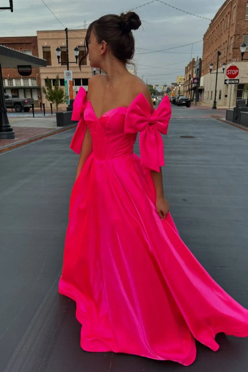 Cute A Line Off the Shoulder Hot Pink Satin Prom Dress with Bow AB24122411