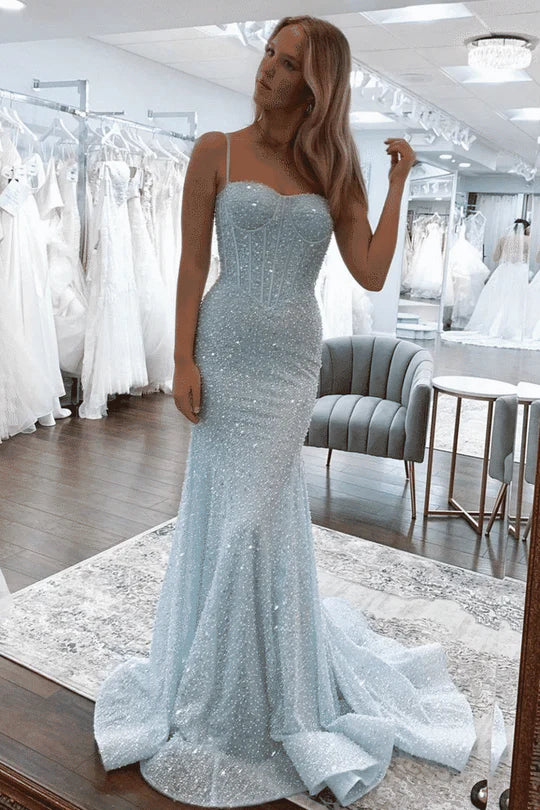 Charming Mermaid Sweetheart Light Sky Blue Sequins Long Prom Dresses AB121201