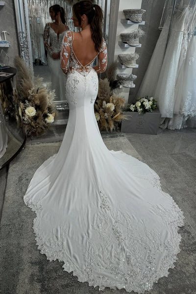 Elegant Mermaid V Neck Stretch Satin Wedding dress with Appliques AB25022307