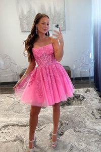 Cute A Line Strapless Hot Pint Tulle Short Homecoming Dresses with Appliques AB080801