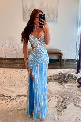 Gorgeous Mermaid V Neck Blue Beaded Long Prom Dress with Slit AB25020801