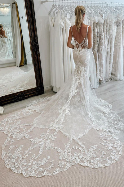 Elegant Mermaid V Neck Lace Wedding Dresses with Appliques AB24062901