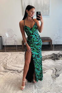 Mermaid V Neck Green Sequins Lace Mermaid Long Prom Dress with Slit AB4040501