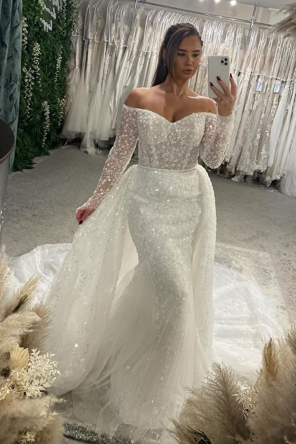 Gorgeous Mermaid Off the Shoulder Glitter Sequins Lace Bridal Dresses with Sleeves