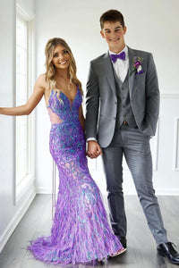 Mermaid V Neck Purple Sequins Long Prom Dress wirh Feather AB4060205