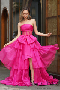 Gorgeous Ball Gown Strapless Fuchsia Organza Tiered Prom Dress with Bow AB24121208