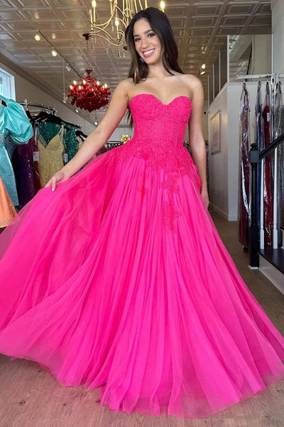 Cute Ball Gown Sweetheart Pink Tulle Long Prom Dresses with Appliques AB24102514