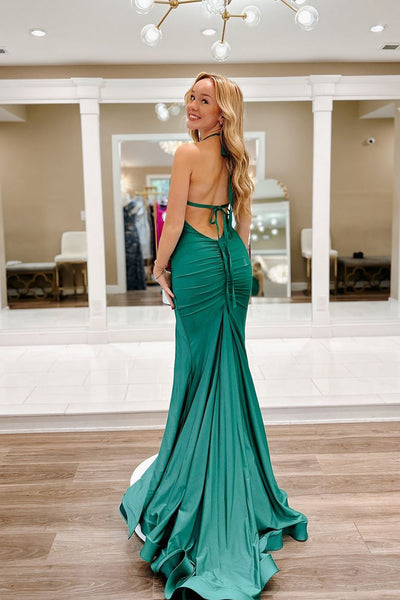 Charming Mermaid V Neck Sage Green Elastic Satin Long Prom Dresses AB24101009