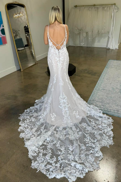 Elegant Mermaid V Neck Lace Bridal Dresses AB24102714