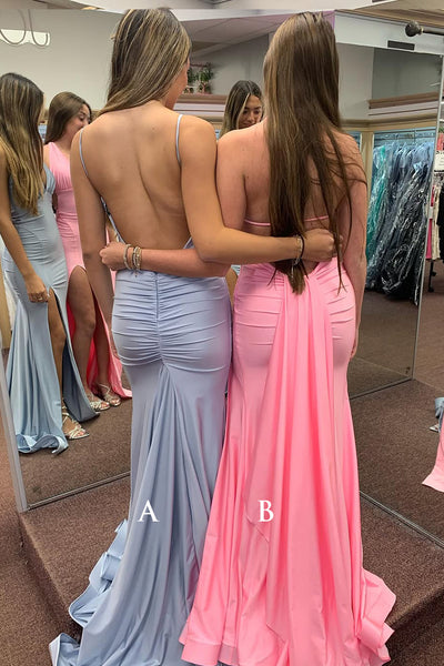 Charming Mermaid V Neck Pink Elastic Satin Long Prom Dresses with Backless AB24120901