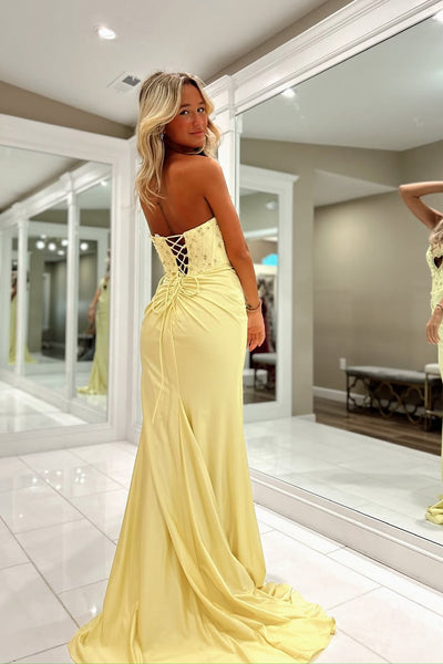 Cute Mermaid Strapless Keyhole Yellow Beading Prom Dress AB24122408