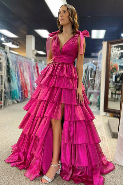 Cute Ball Gown V Neck Fuchsia Organza Tiered Prom Dress with Slit AB24121903