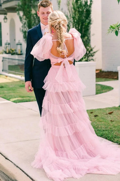 Cute A Line Sweetheart Light Pink Tulle Tiered Prom Dress with Ruffled Sleeves AB25020106