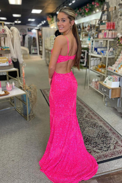 Cute Mermaid Square Neck Pink Sequins Slit Prom Dresses AB24120602