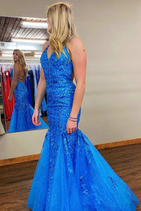 Charming Mermaid V Neck Royal Blue Sequins Long Prom Dresses AB24101701