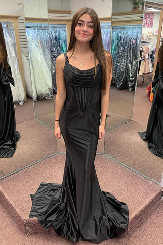 Cute Mermaid Sweetheart Black Satin Prom Dress with Big Bow AB24122501