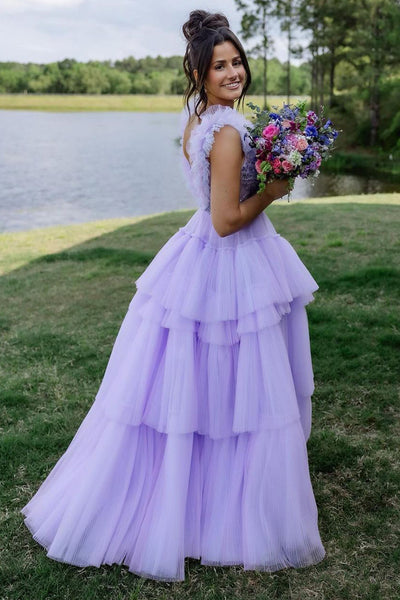 Unique A-Line V Neck Lilac Ruffle Tiered Tulle Long Prom Dress AB4052602