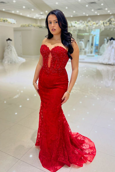 Charming Mermaid Sweetheart Red Lace Long Prom Dresses AB24102609