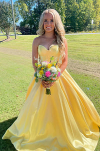 Cute Ball Gown Sweetheart Yellow Satin Long Prom Dresses AB24101108