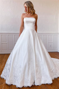 Gorgeous Ball Gown Strapless Satin Long Bridal Dress with Applique