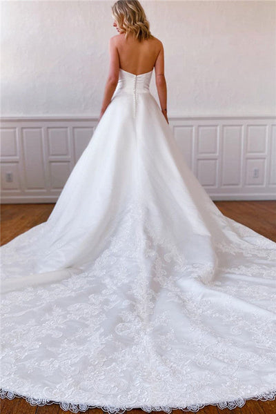 Gorgeous Ball Gown Strapless Satin Long Bridal Dress with Applique