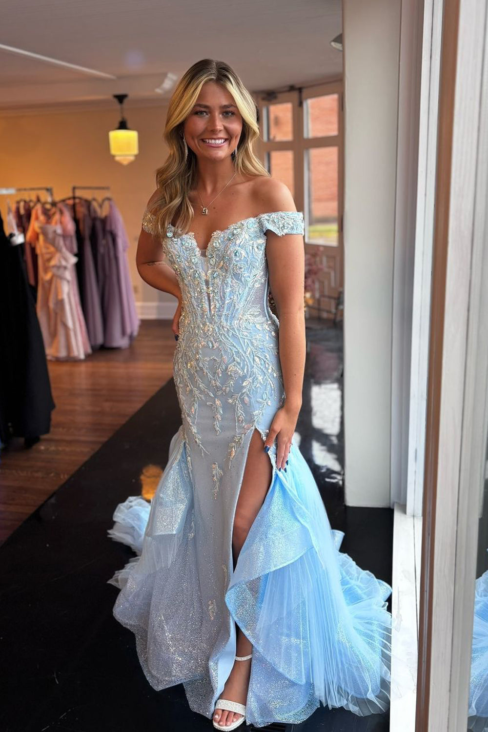 Gorgeous Mermaid Off the Shoulder Light Blue Satin Prom Dress with Sequins Appliques AB24120203