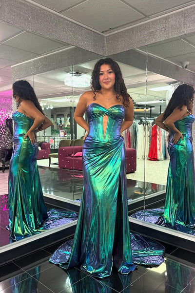 Charming Mermaid Sweetheart Sparkly Royal Blue Metallic Satin Slit Prom Dress AB24120306