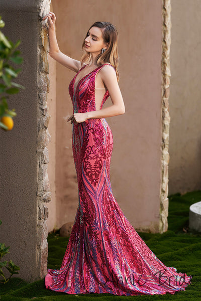 Charming Mermaid V Neck Fuchsia Sequins Lace Prom Dress AB24121101