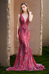 Charming Mermaid V Neck Fuchsia Sequins Lace Prom Dress AB24121101