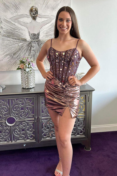 Cute Bodycon Sweetheart Brown Sparkly Satin Short Homecoming Dress with Beading AB4062103