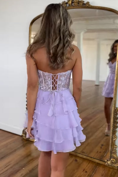 Cute A Line Sweetheart Lilac Chiffon Short Homecoming Dresses with Appliques AB4053001