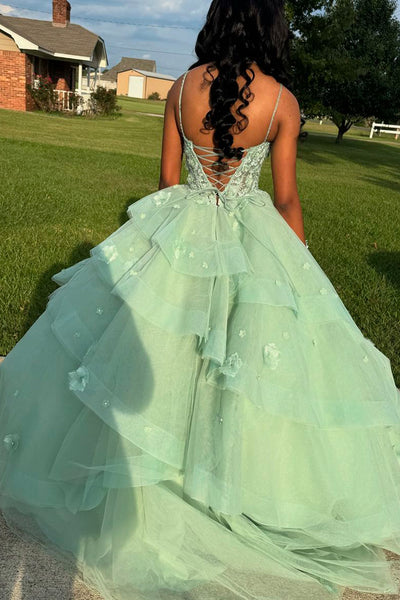 Cute Ball Gown Sweetheart Sage Green Tulle Long Prom Dresses with Appliques AB24100910