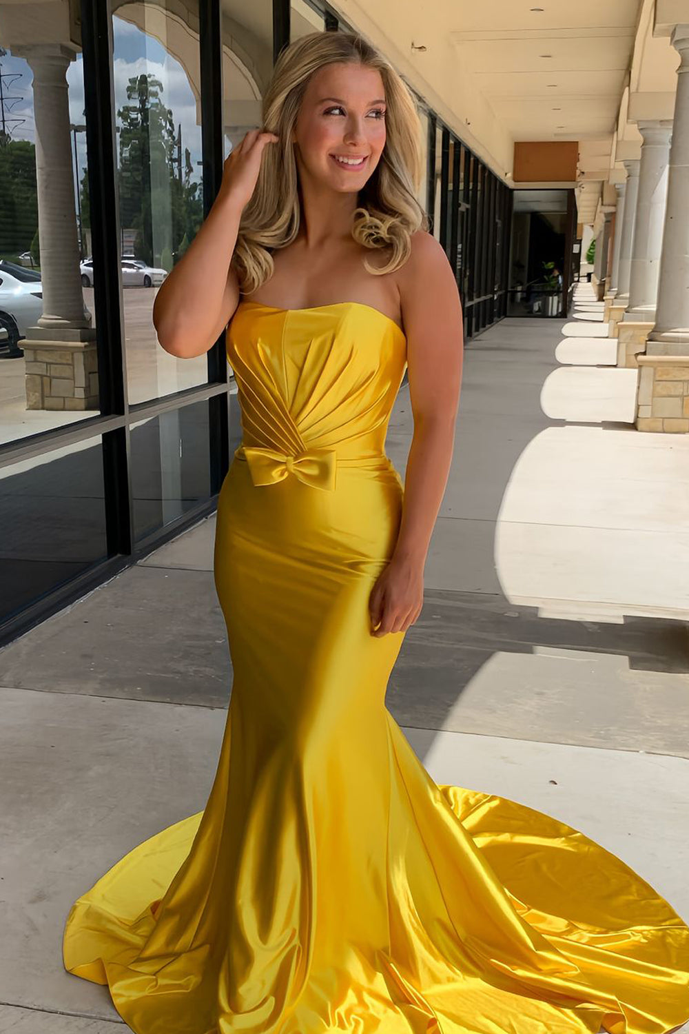 Cute Mermaid Strapless Gold Satin Long Prom Dresses with Bow AB24112606